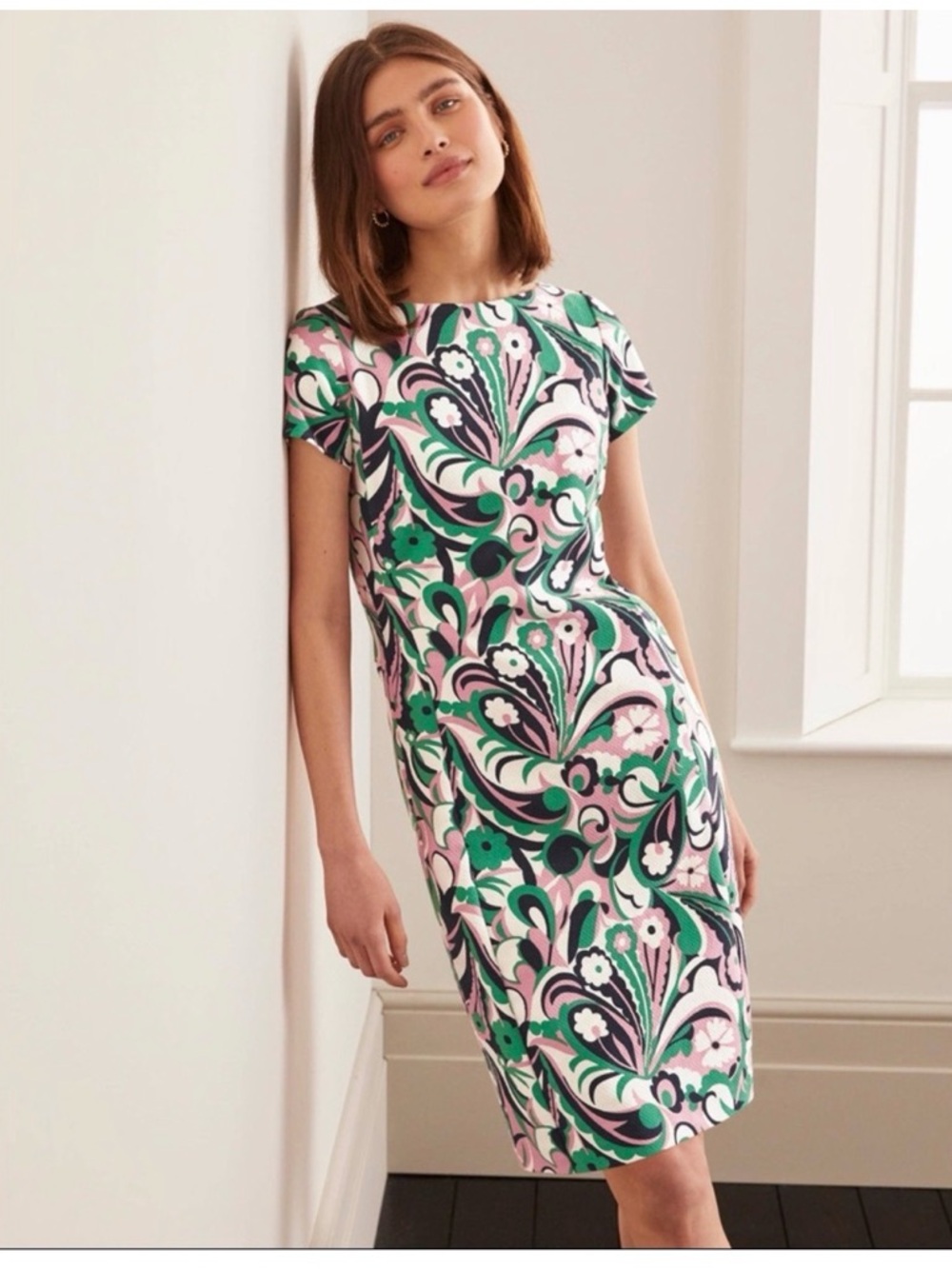 Boden Pink and Green Floral-Print Sheath Dress